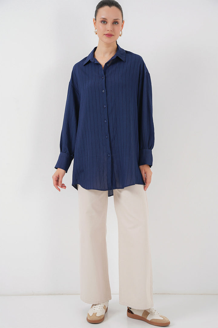 BGD Women Woman Striped Long Shirt Tunic 5963 - Navy Blue - Beauvais