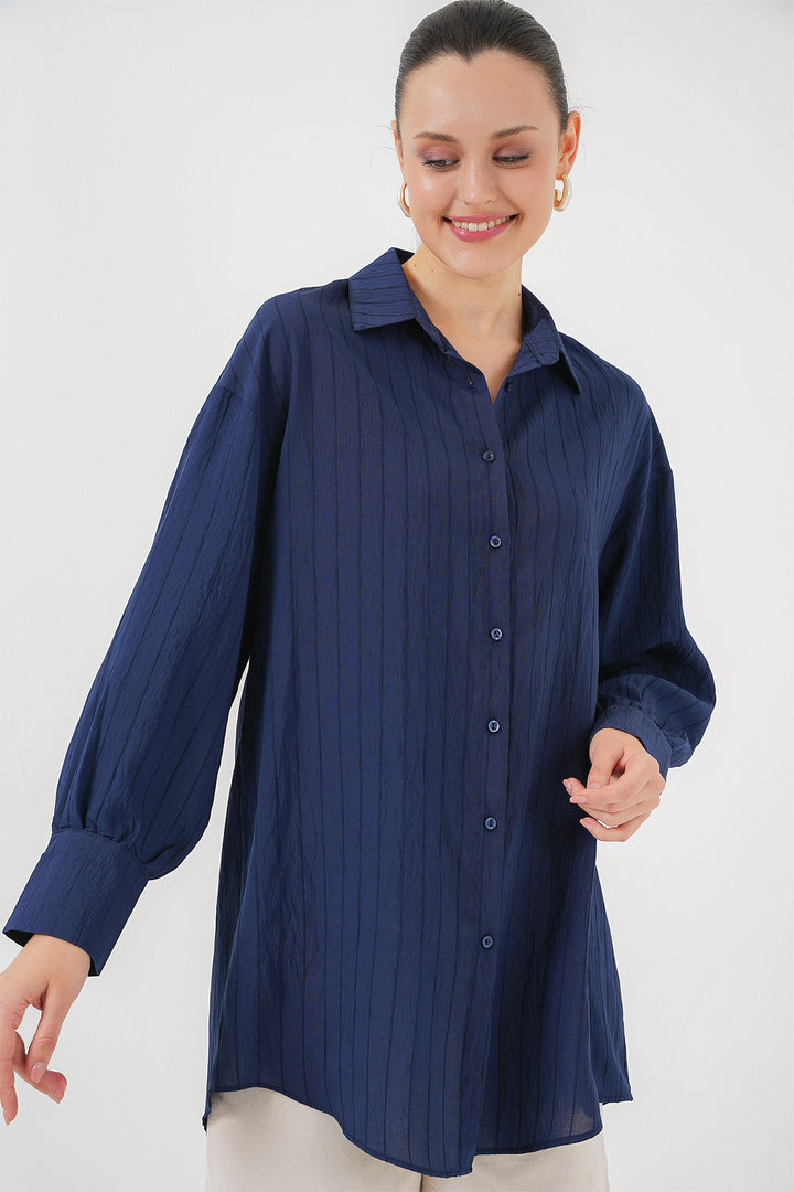 BGD Women Woman Striped Long Shirt Tunic 5963 - Navy Blue - Beauvais
