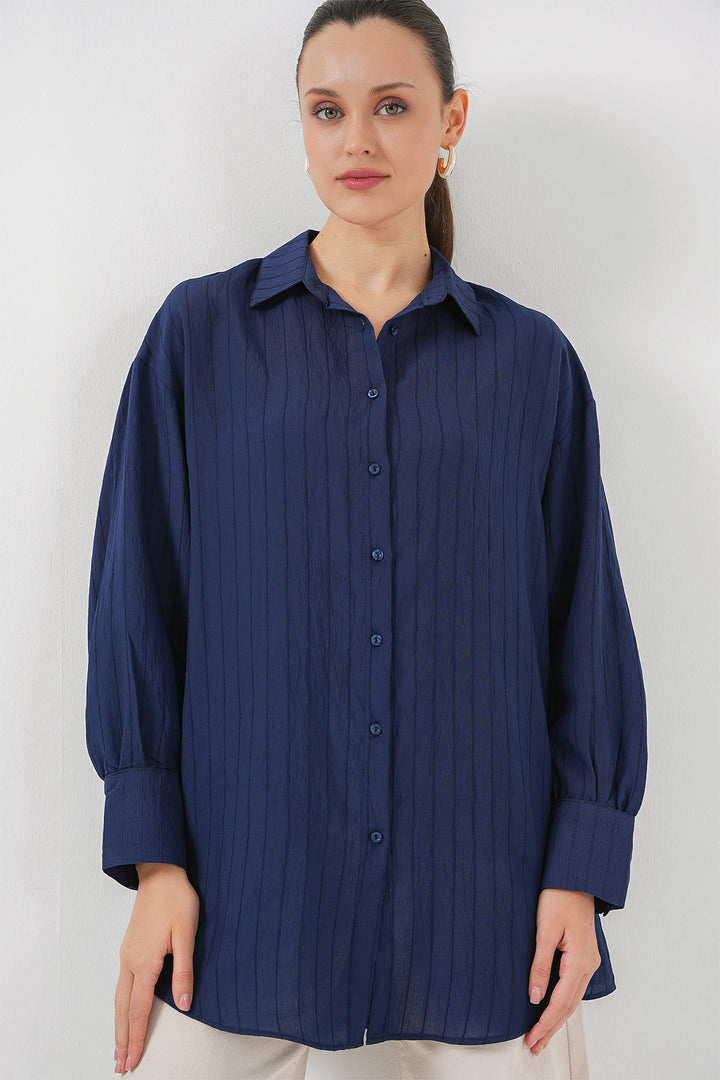 BGD Women Woman Striped Long Shirt Tunic 5963 - Navy Blue - Beauvais