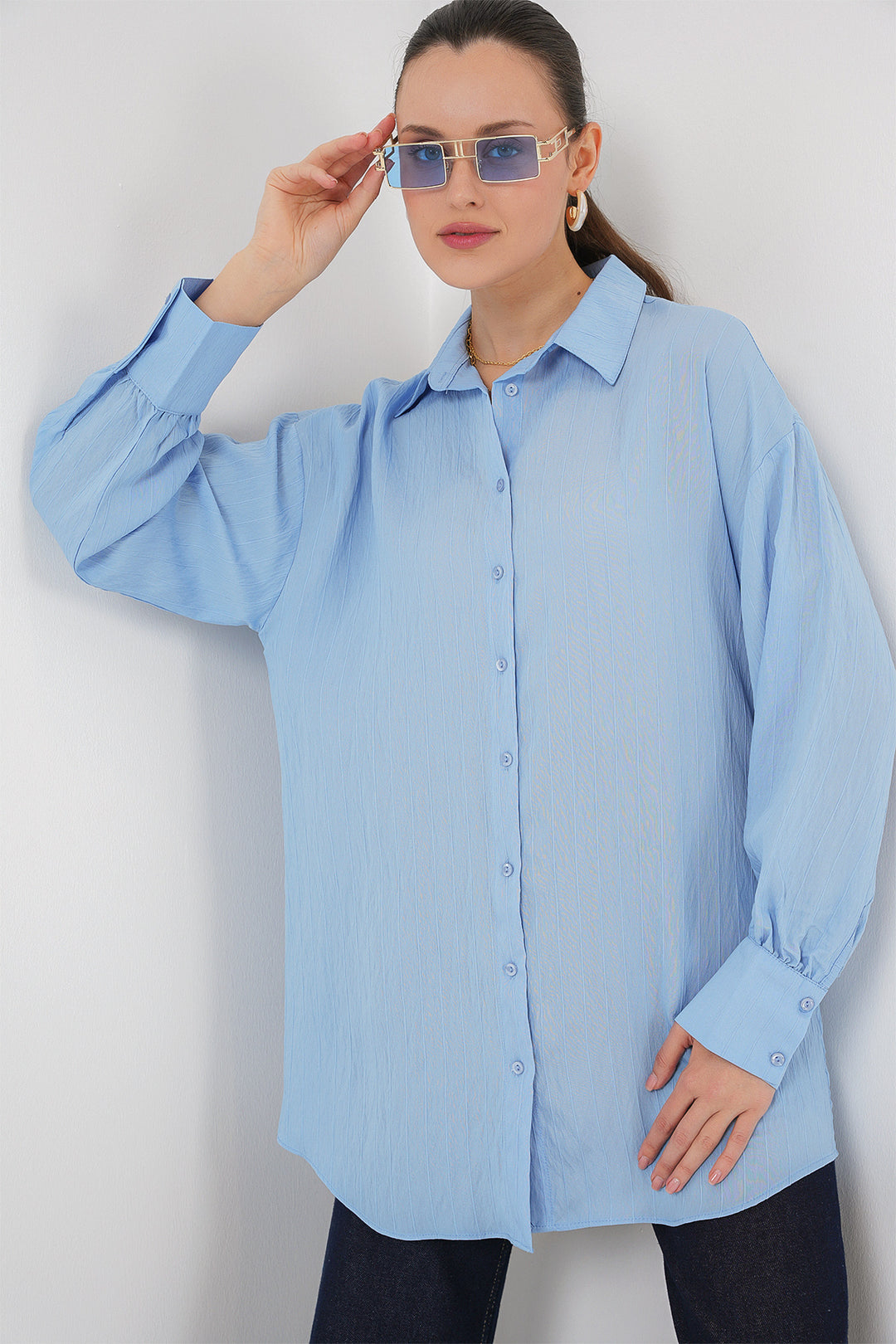 BGD Women Woman Striped Long Shirt Tunic 5963 - Blue - La Huacana