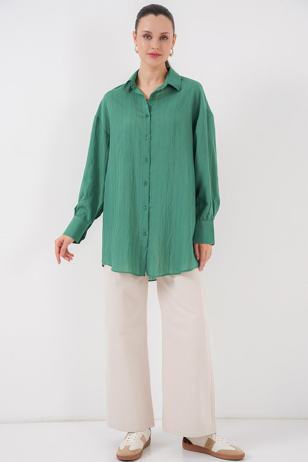 BGD Women Woman Striped Long Shirt Tunic 5963 - Emerald Green - Tübingen