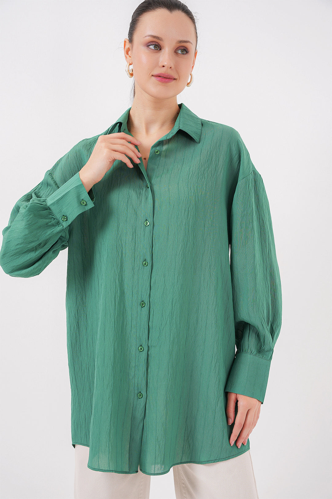 BGD Women Woman Striped Long Shirt Tunic 5963 - Emerald Green - Tübingen