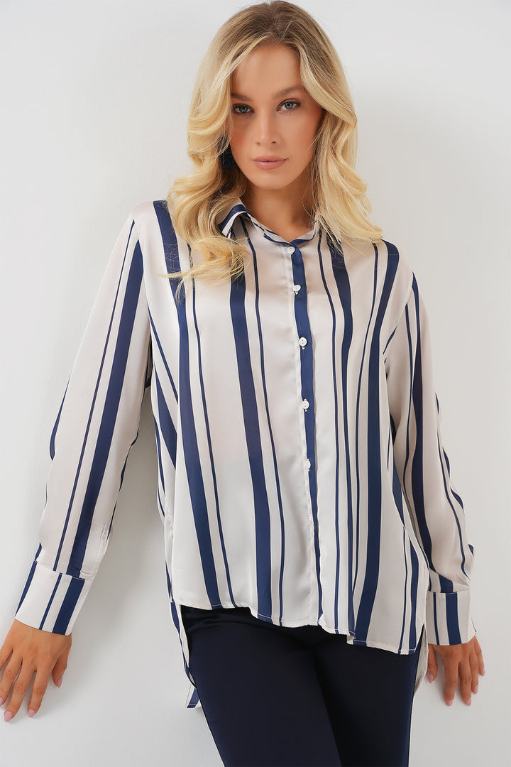 BGD Women Women's Striped Long Satin Shirt 20291 - Navy Blue - Coral Gables