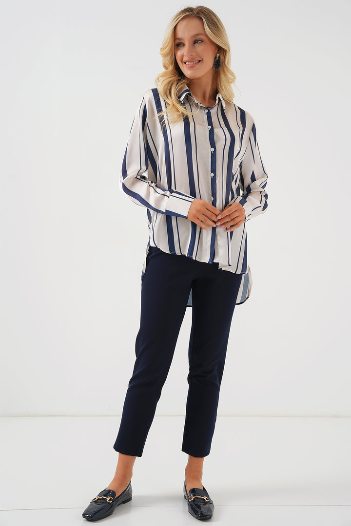 BGD Women Women's Striped Long Satin Shirt 20291 - Navy Blue - Coral Gables
