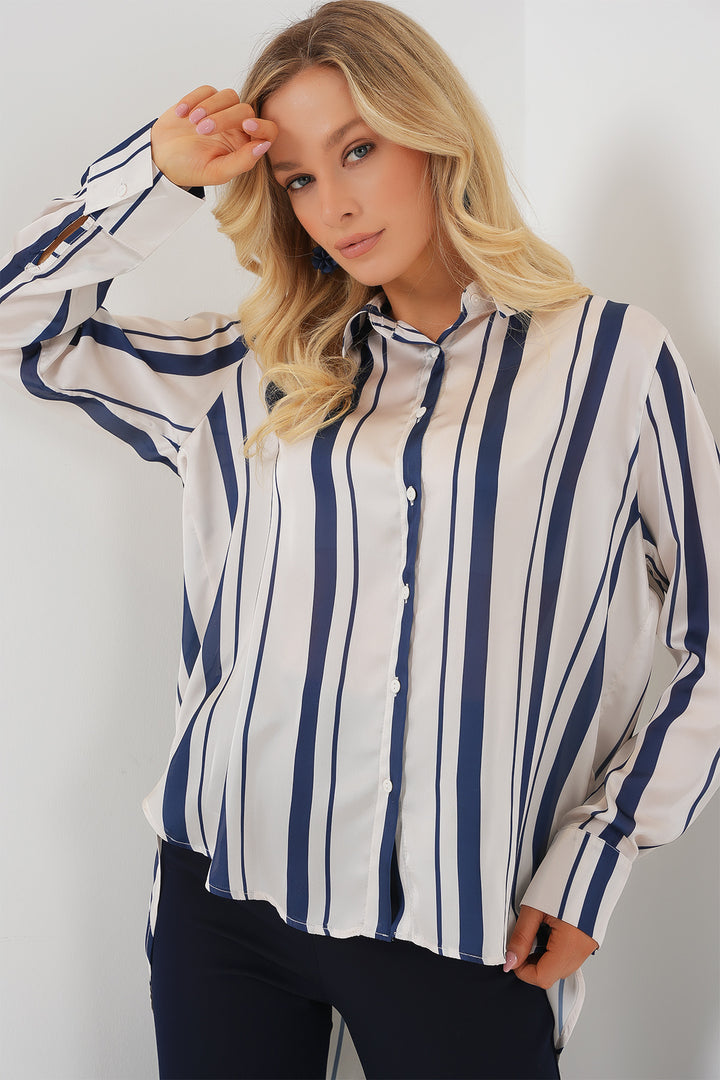 BGD Women Women's Striped Long Satin Shirt 20291 - Navy Blue - Coral Gables