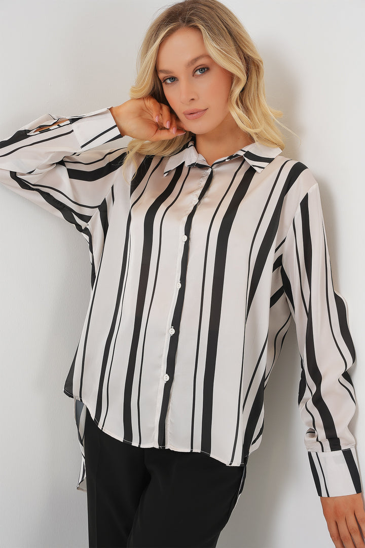 BGD Women Women's Striped Long Satin Shirt 20291 - Black - Jilotepec