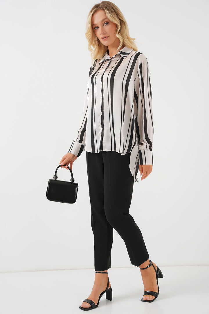 BGD Women Women's Striped Long Satin Shirt 20291 - Black - Jilotepec