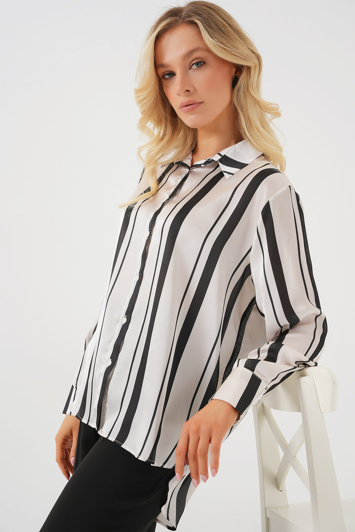 BGD Women Women's Striped Long Satin Shirt 20291 - Black - Jilotepec