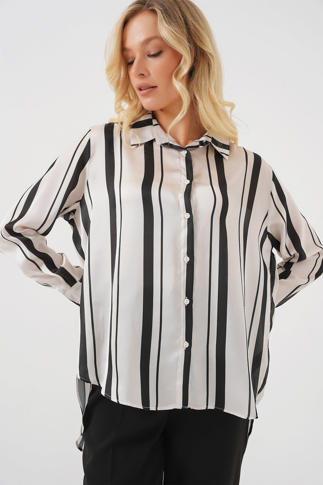 BGD Women Women's Striped Long Satin Shirt 20291 - Black - Jilotepec