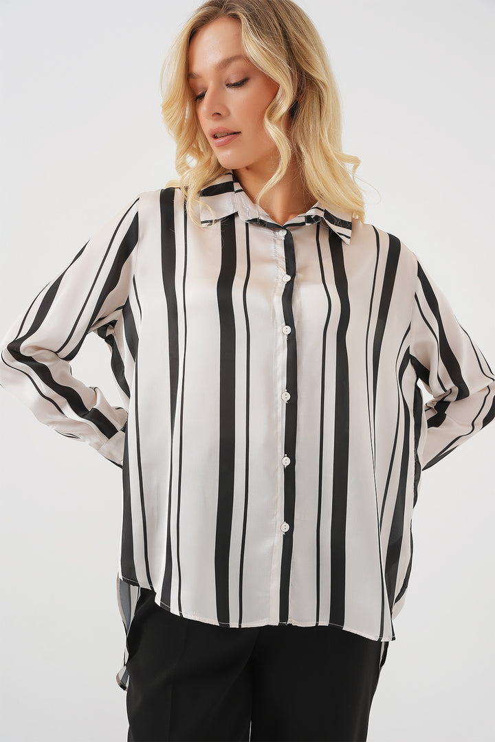 BGD Women Women's Striped Long Satin Shirt 20291 - Black - Jilotepec