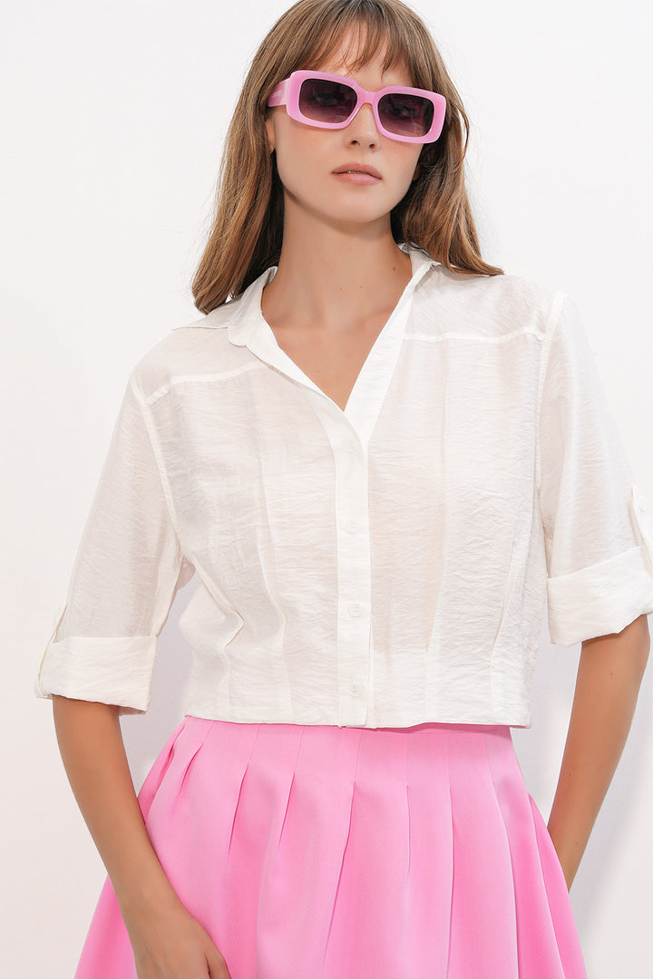 BGD Women Kadın Crop Oversize Gömlek 20390 - Beyaz - Fairbanks