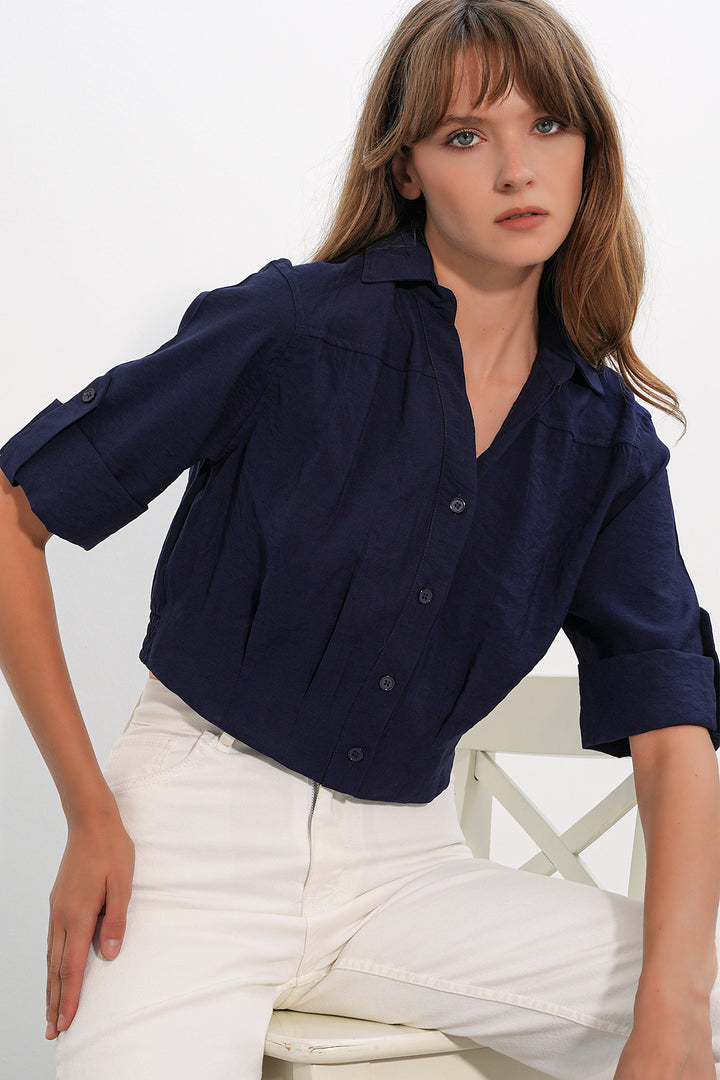 BGD Women Kadın Crop Oversize Gömlek 20390 - Lacivert - Douai