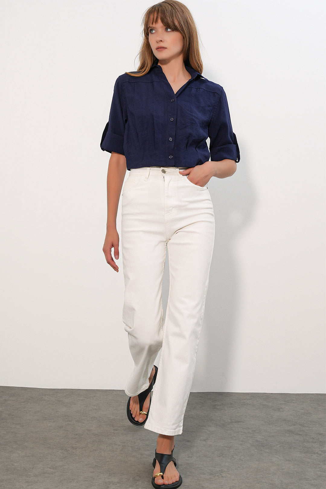 BGD Women Kadın Crop Oversize Gömlek 20390 - Lacivert - Douai