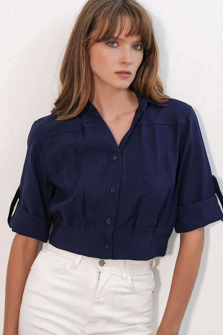 BGD Women Kadın Crop Oversize Gömlek 20390 - Lacivert - Douai