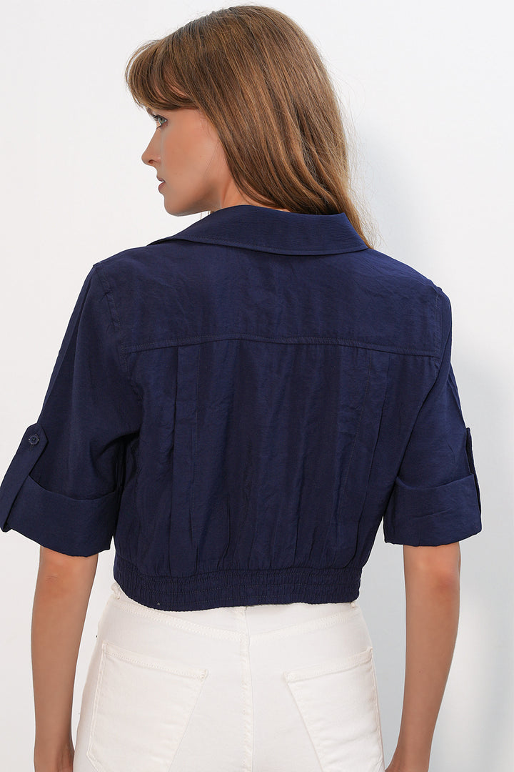 BGD Women Kadın Crop Oversize Gömlek 20390 - Lacivert - Douai