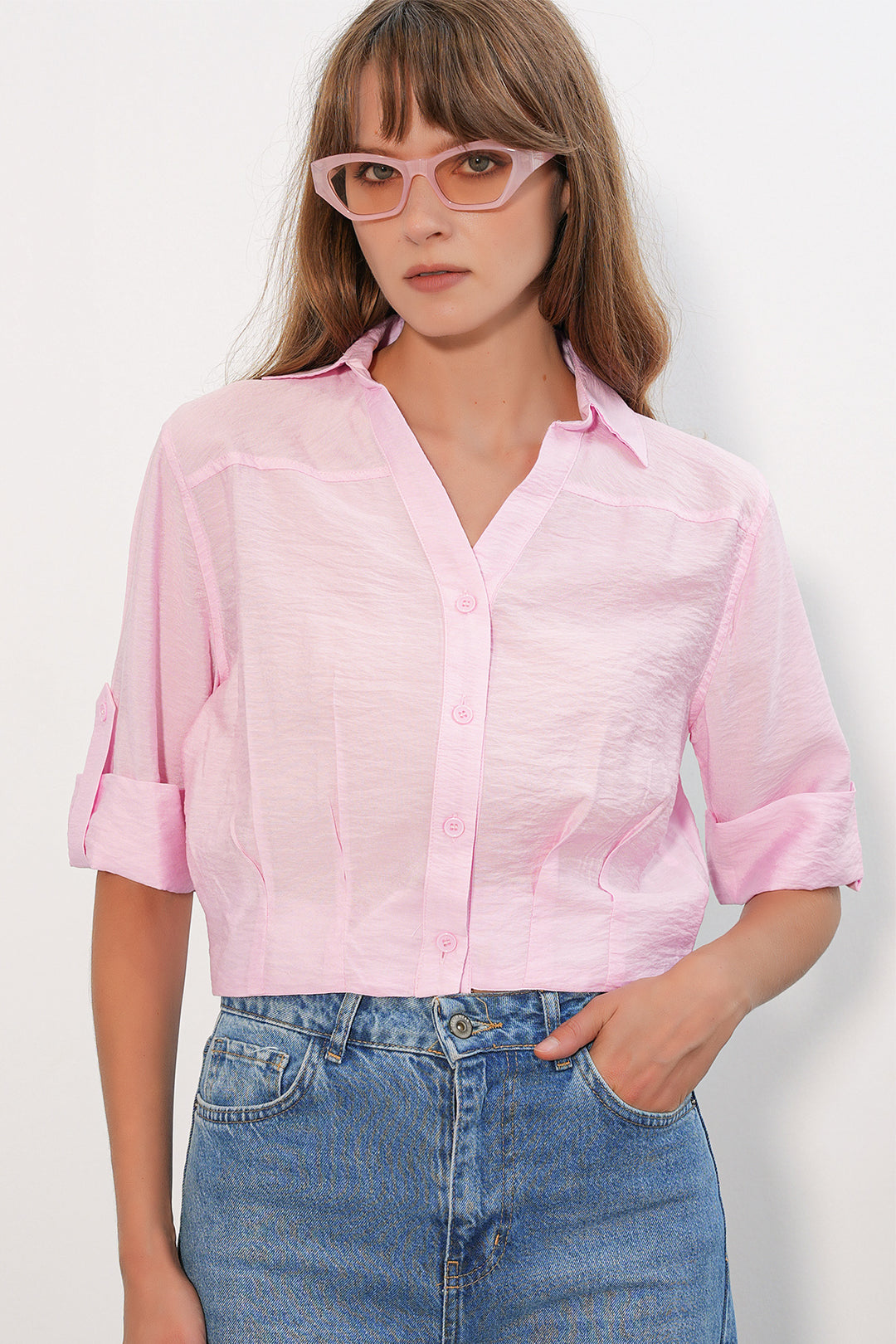 BGD Women Kadın Crop Oversize Gömlek 20390 - Pembe - Santa Maria
