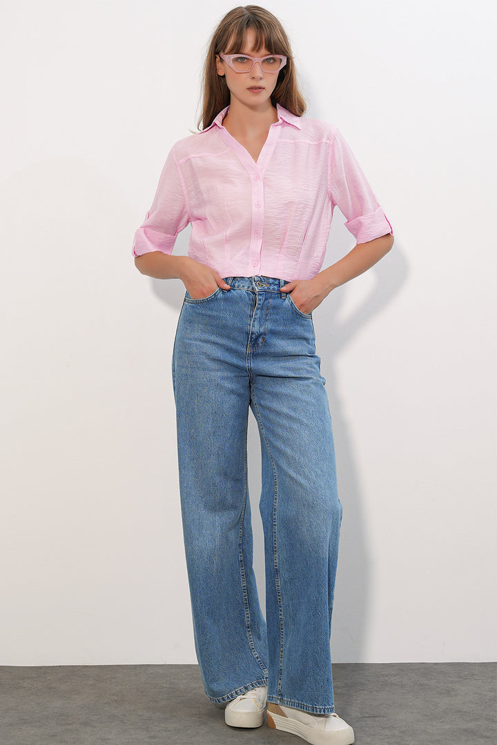 BGD Women Kadın Crop Oversize Gömlek 20390 - Pembe - Santa Maria