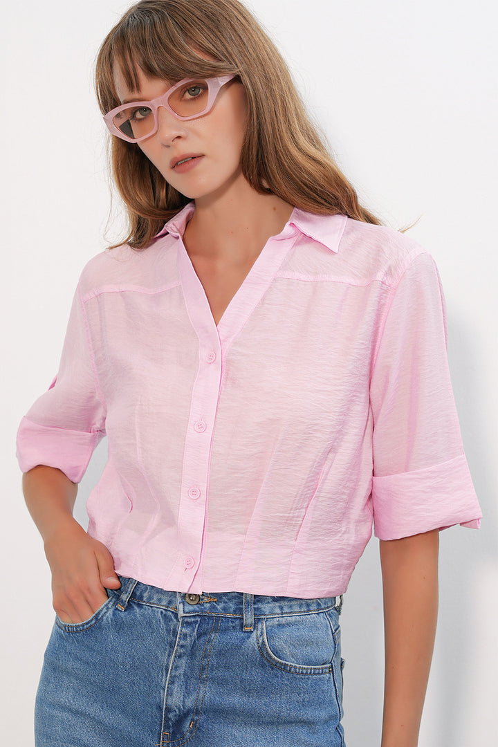 BGD Women Kadın Crop Oversize Gömlek 20390 - Pembe - Santa Maria