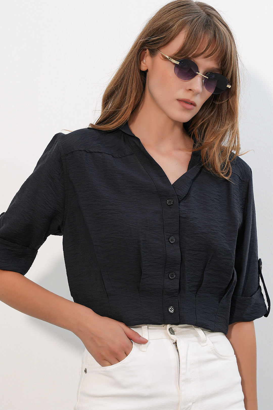 BGD Women Kadın Crop Oversize Gömlek 20390 - Siyah - Belleville