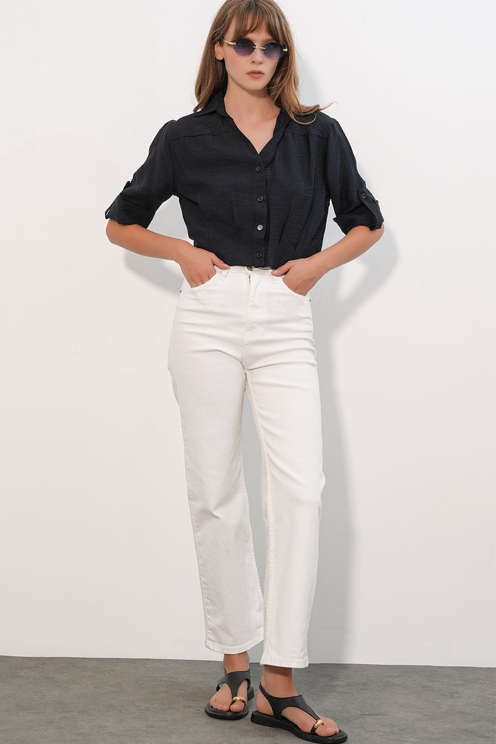 BGD Women Kadın Crop Oversize Gömlek 20390 - Siyah - Belleville