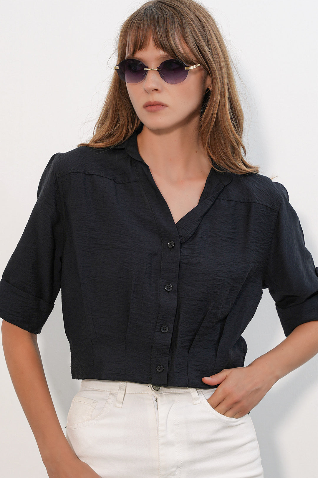 BGD Women Kadın Crop Oversize Gömlek 20390 - Siyah - Belleville