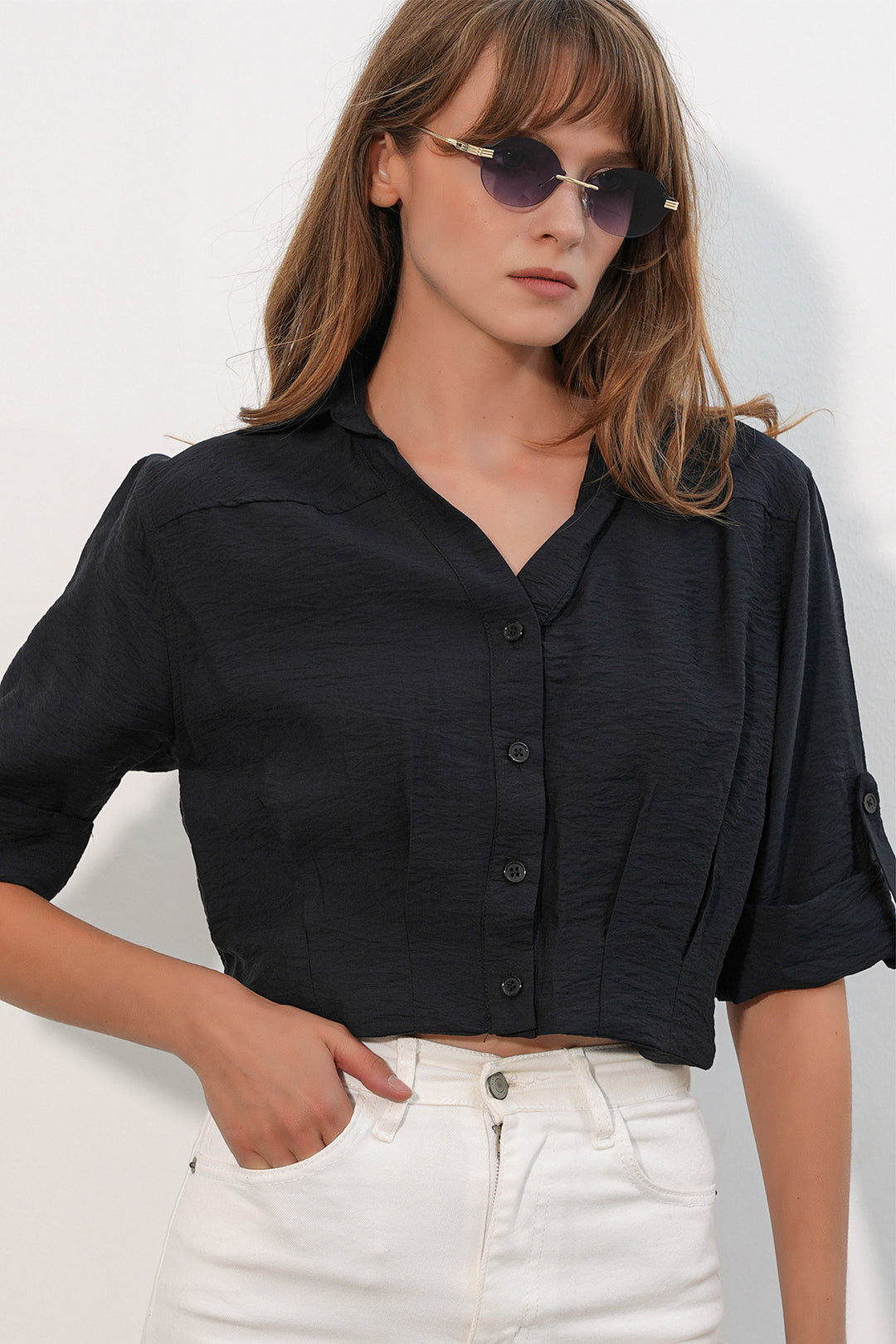 BGD Women Kadın Crop Oversize Gömlek 20390 - Siyah - Belleville