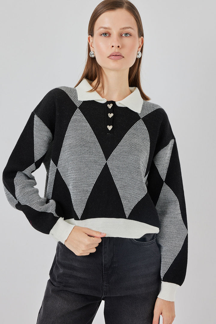 BGD Women Kadın Crop Triko Kazak 15936 - D. Siyah - Saltillo