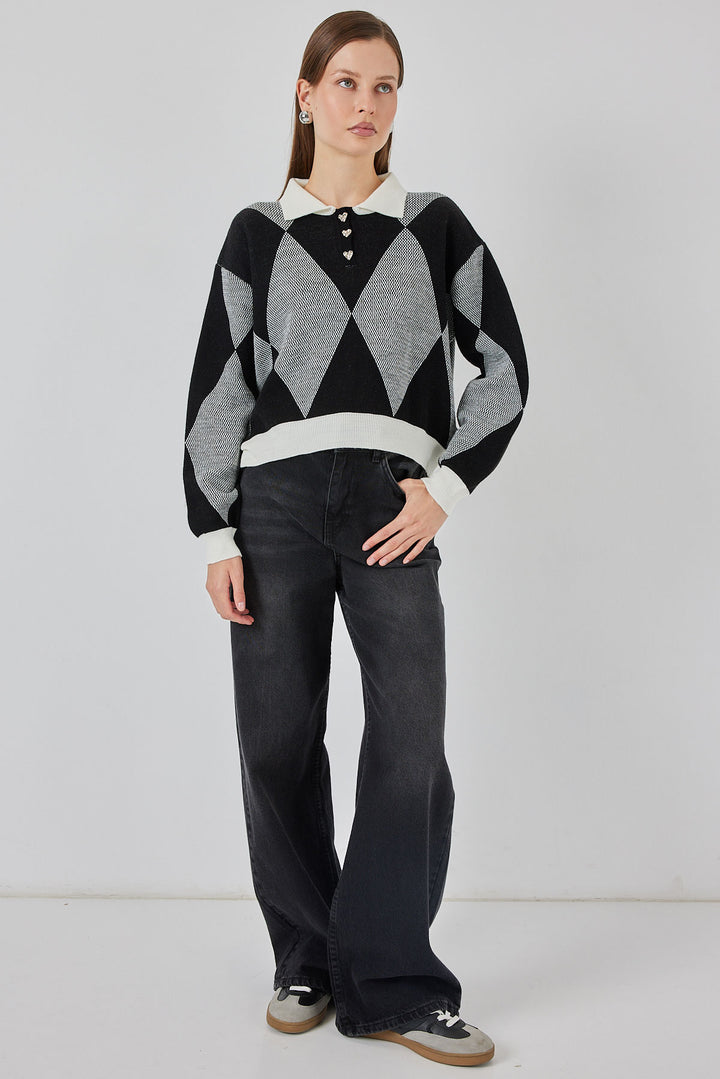 BGD Women Kadın Crop Triko Kazak 15936 - D. Siyah - Saltillo