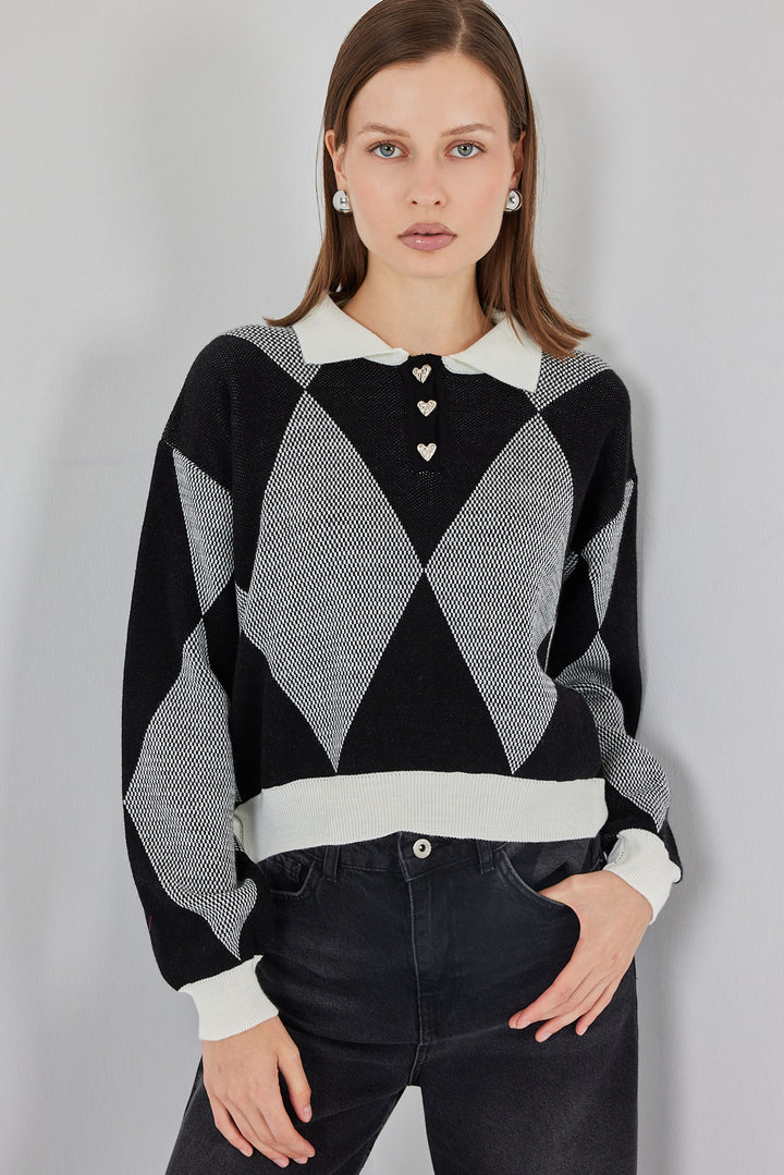 BGD Women Kadın Crop Triko Kazak 15936 - D. Siyah - Saltillo