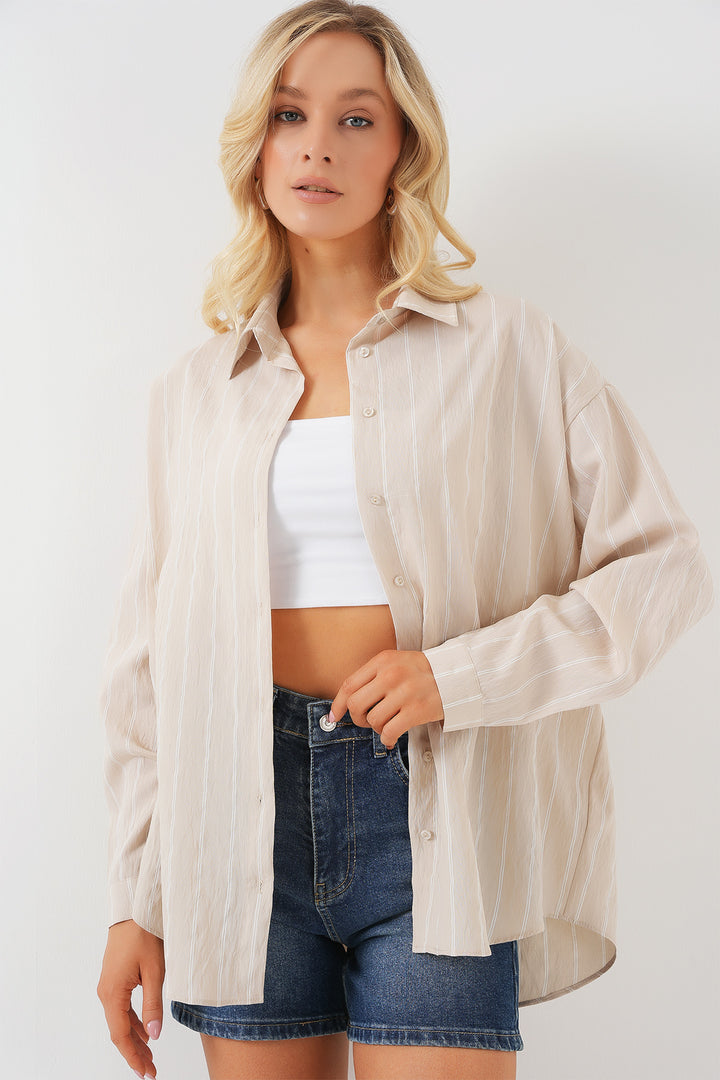 BGD Women Woman Çzigili Oversize Shirt 20293 - Cream - Danbury
