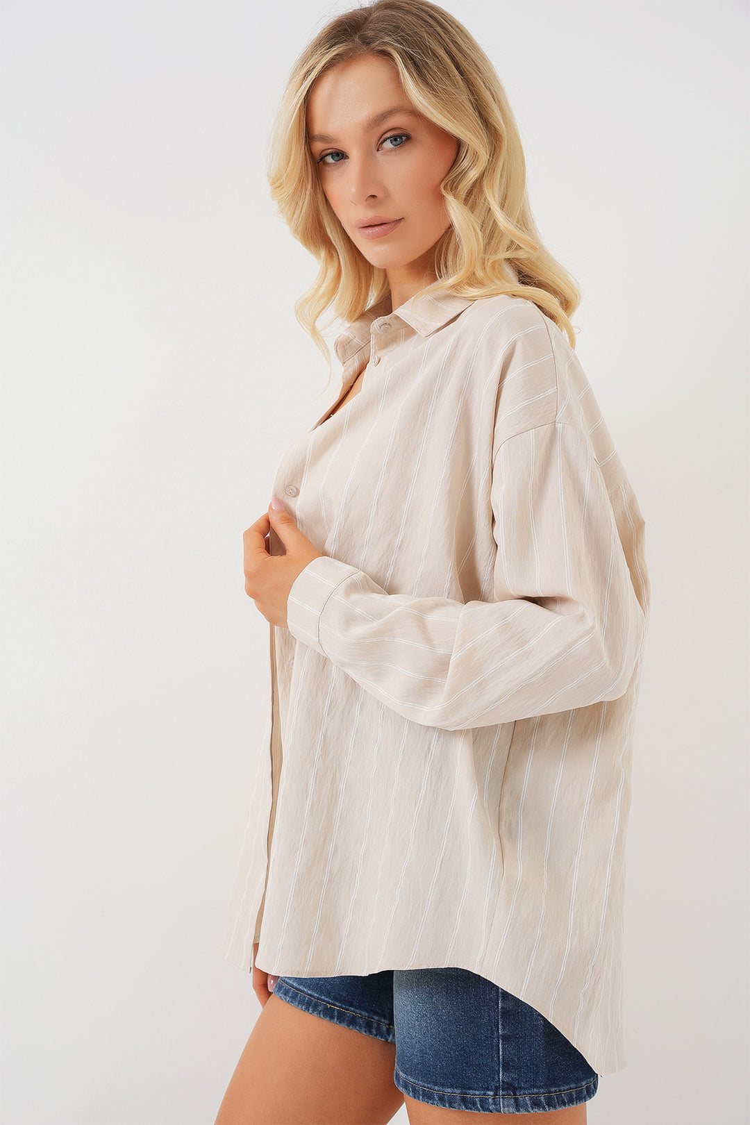 BGD Women Woman Çzigili Oversize Shirt 20293 - Cream - Danbury
