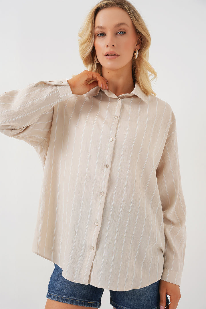 BGD Women Woman Çzigili Oversize Shirt 20293 - Cream - Danbury
