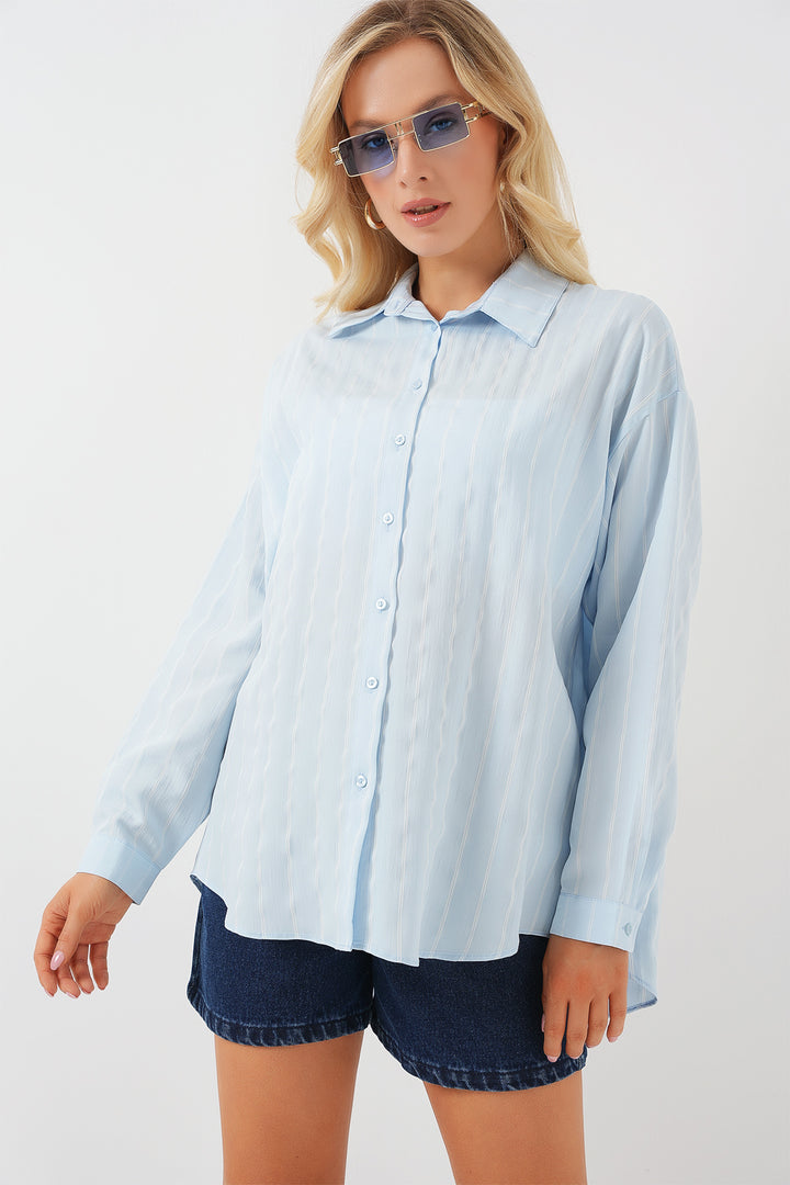 BGD Women Woman Çzigili Oversize Shirt 20293 - Blue - Atlanta