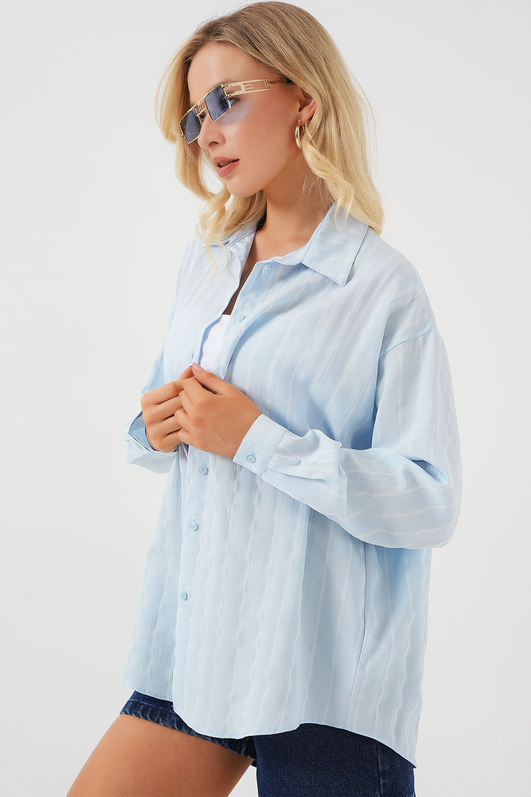 BGD Women Woman Çzigili Oversize Shirt 20293 - Blue - Atlanta