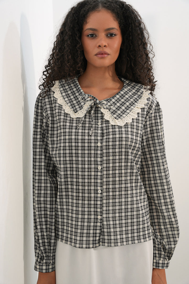 BGD Women Kadın Dantel Yaka Ekoseli Gömlek 20387 - Siyah - Woodland