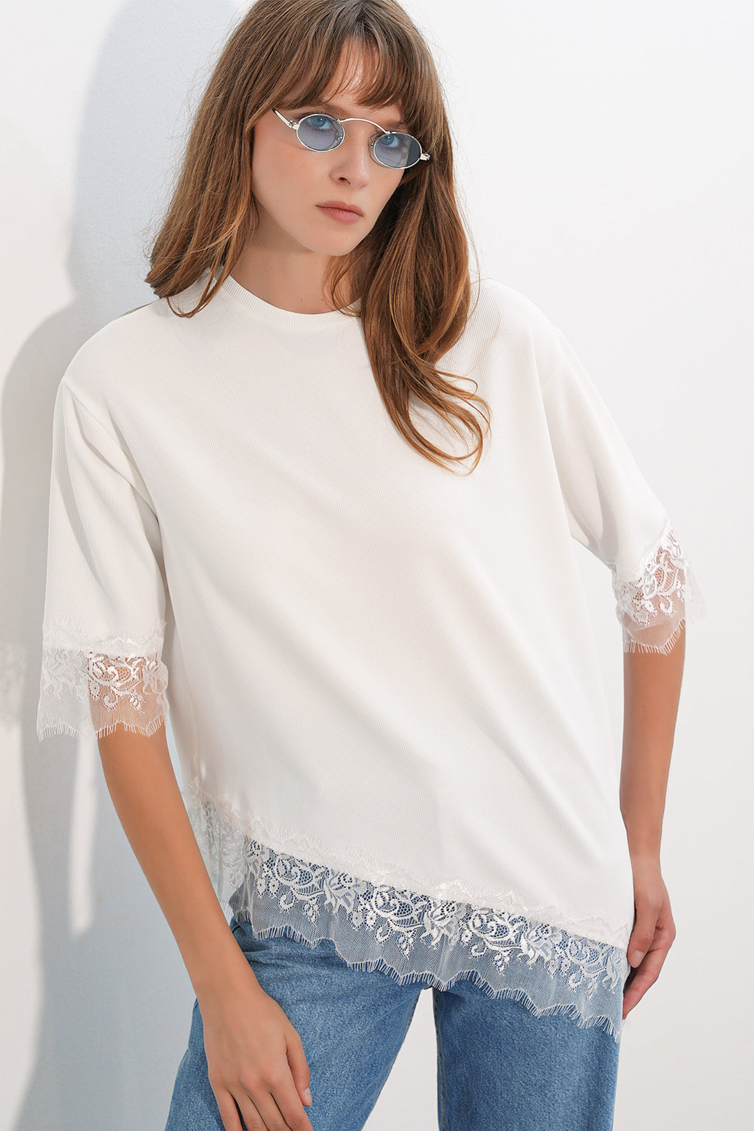 BGD Women Kadın Dantel Detaylı Oversize Bluz 40002 - Beyaz - Waregem