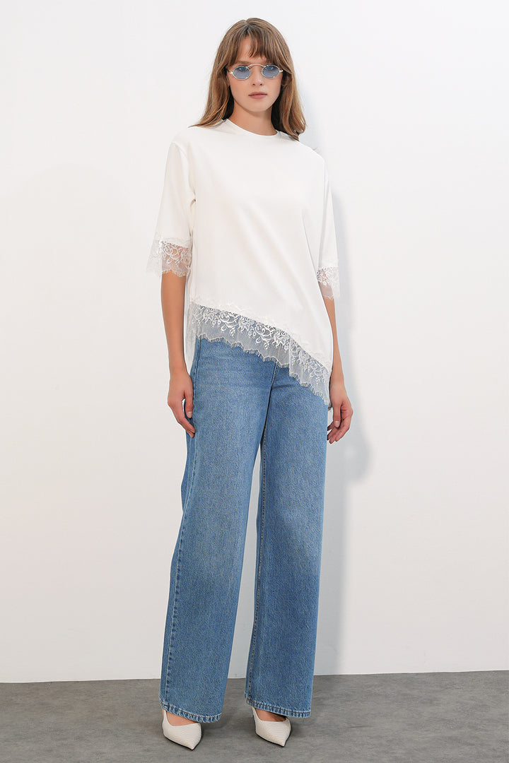 BGD Women Kadın Dantel Detaylı Oversize Bluz 40002 - Beyaz - Waregem