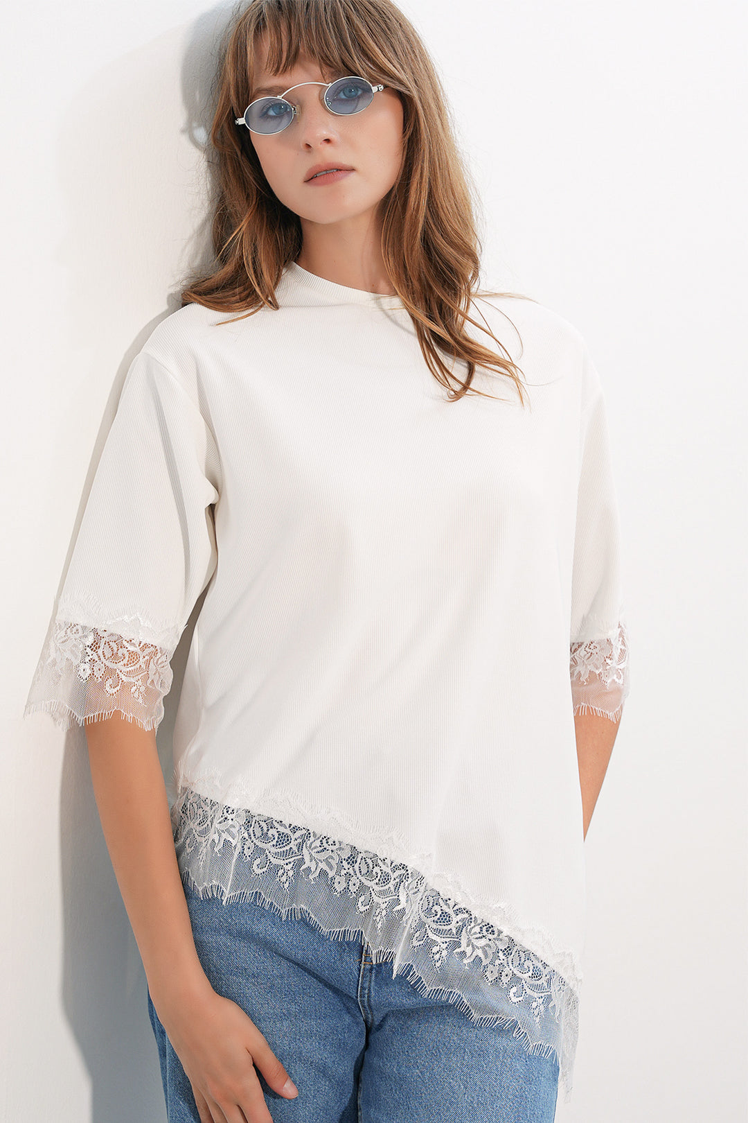 BGD Women Kadın Dantel Detaylı Oversize Bluz 40002 - Beyaz - Waregem