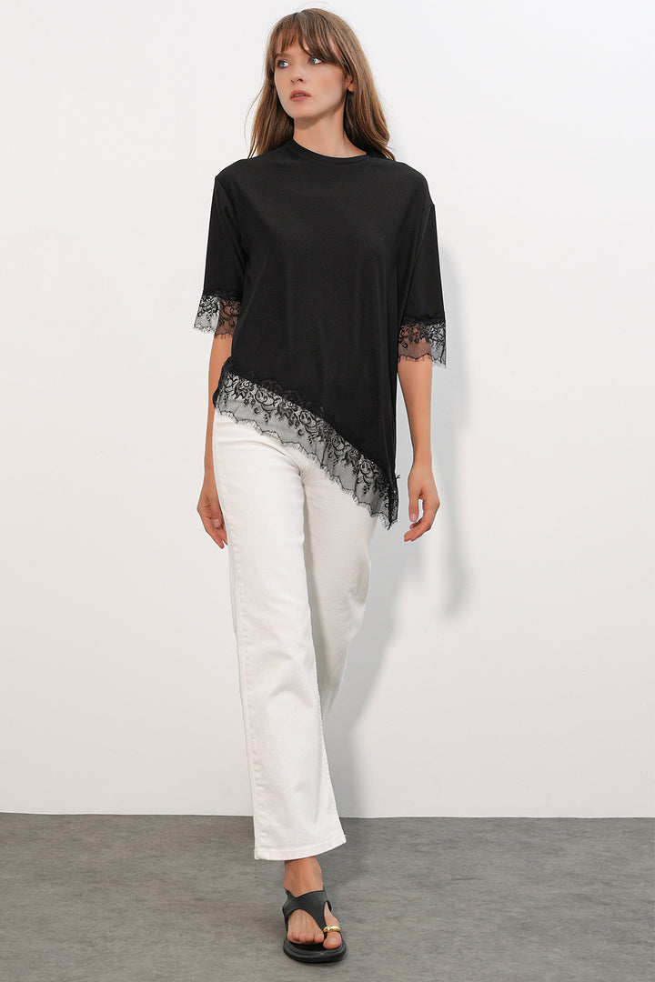 BGD Women Kadın Dantel Detaylı Oversize Bluz 40002 - Siyah - Néa Ionía