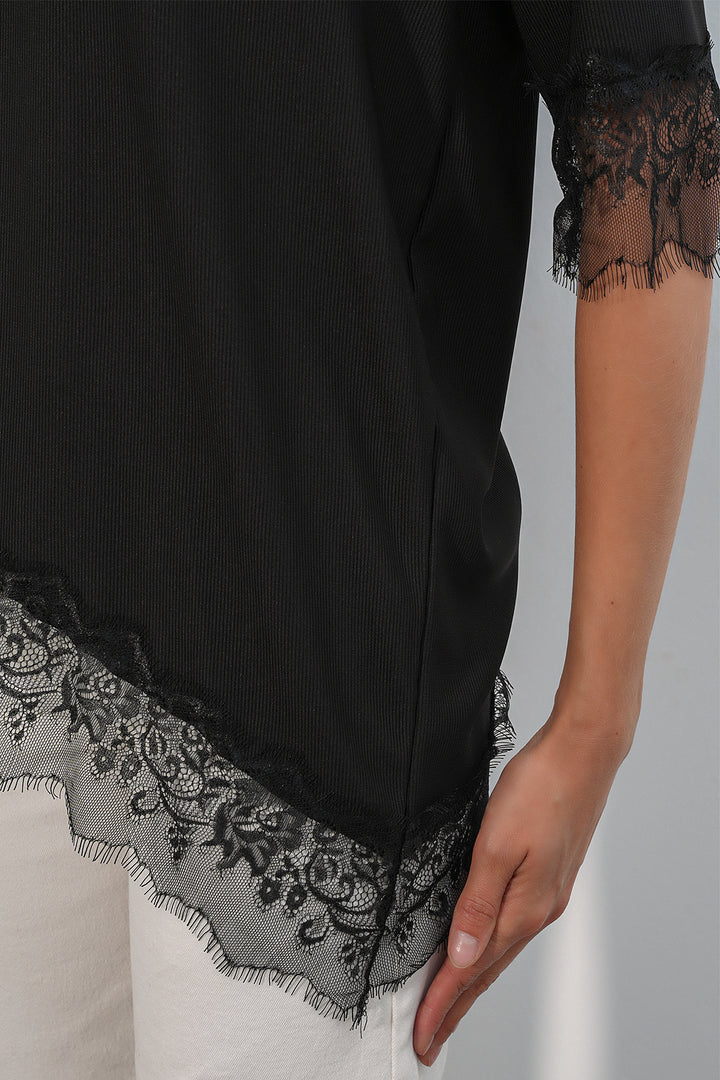 BGD Women Kadın Dantel Detaylı Oversize Bluz 40002 - Siyah - Néa Ionía