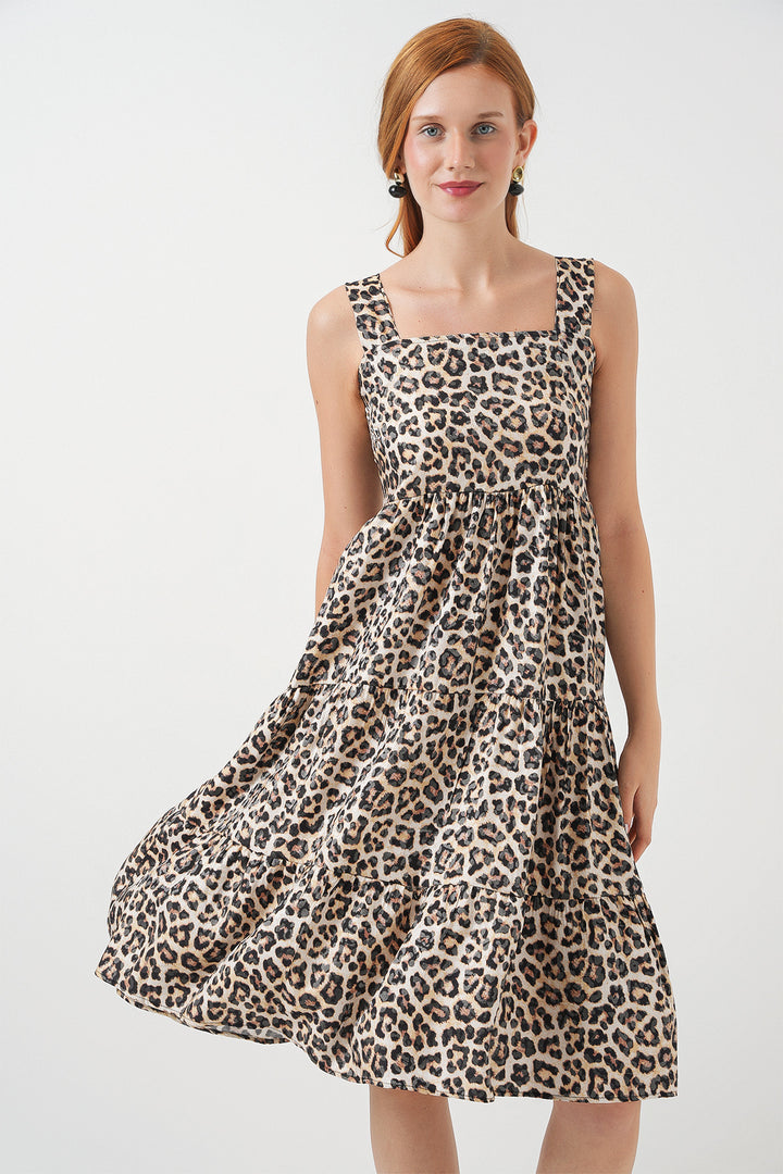 BGD Women Kadın Desenli Askılı Midi Elbise 2577 - C. Kahverengi - Port Charlotte