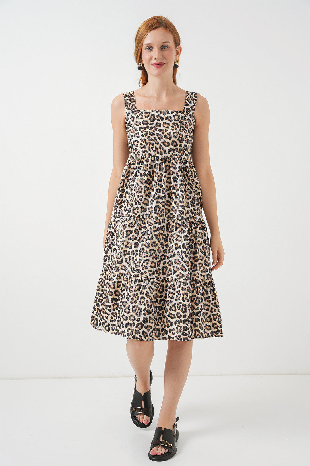 BGD Women Kadın Desenli Askılı Midi Elbise 2577 - C. Kahverengi - Port Charlotte