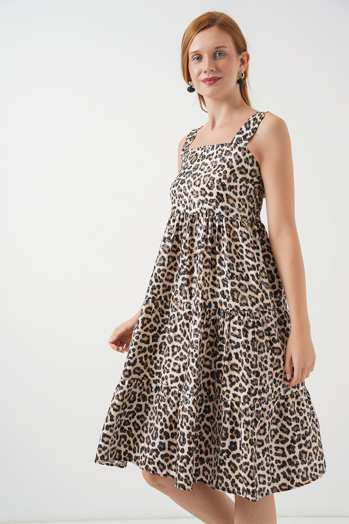 BGD Women Kadın Desenli Askılı Midi Elbise 2577 - C. Kahverengi - Port Charlotte