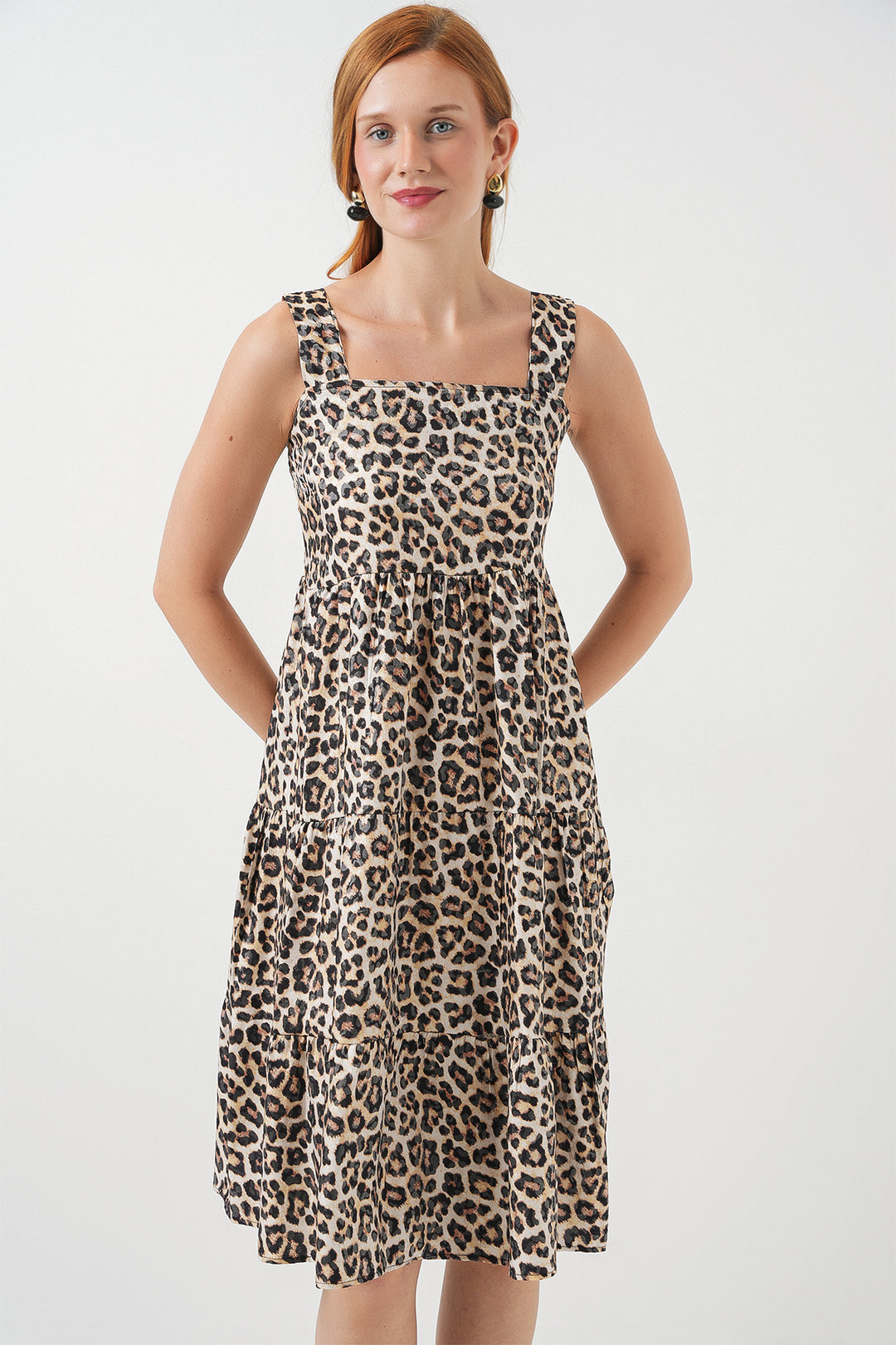 BGD Women Kadın Desenli Askılı Midi Elbise 2577 - C. Kahverengi - Port Charlotte