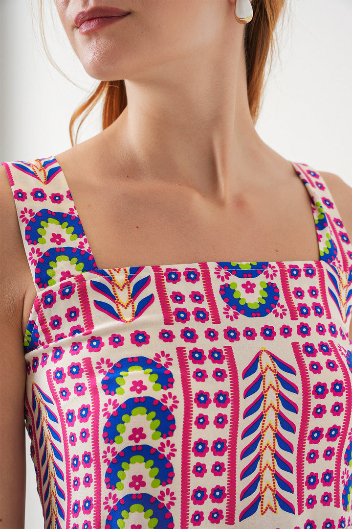 BGD Women Kadın Desenli Askılı Midi Elbise 2577 - Fuşya - Kropyvnytskyi