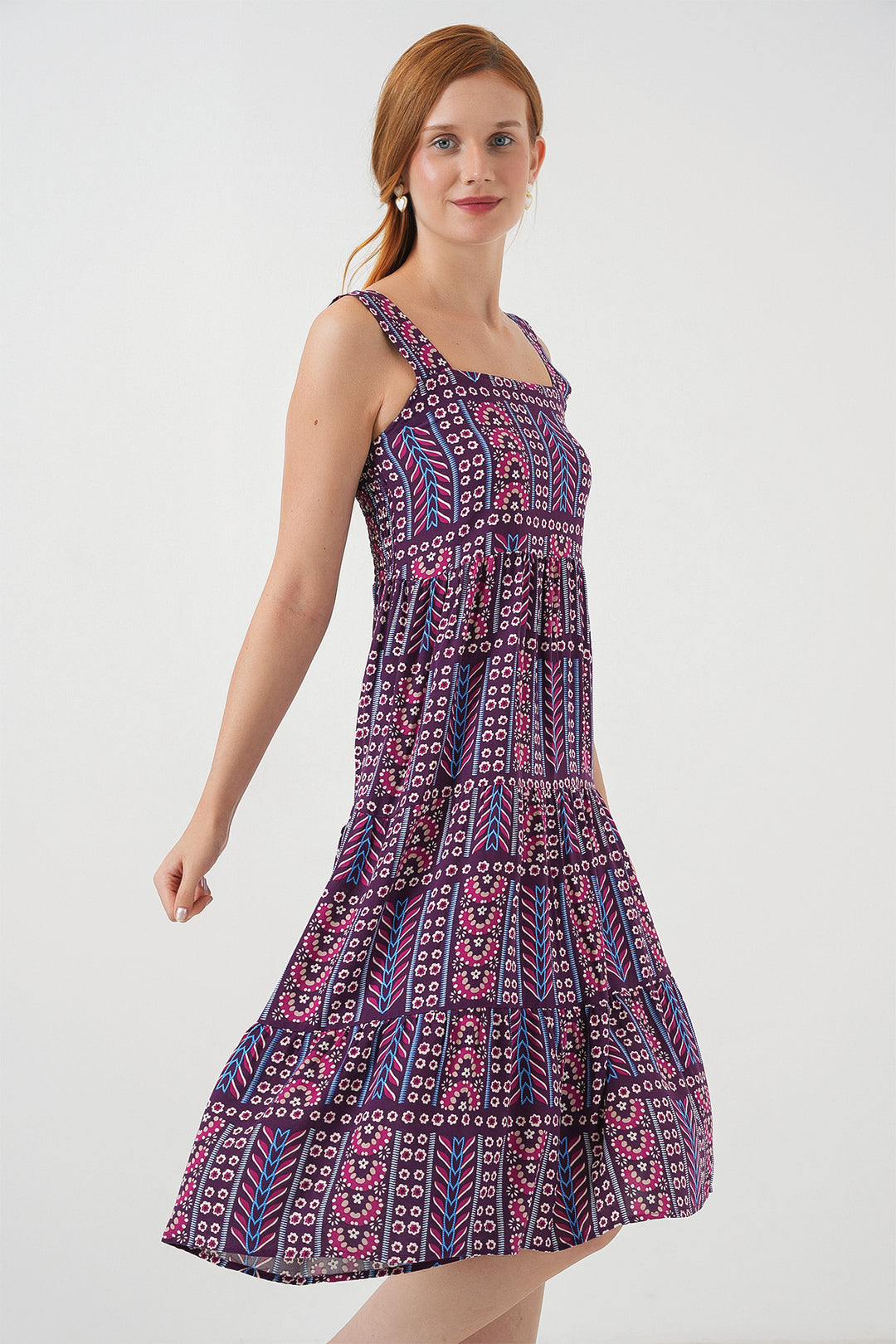 BGD Women Kadın Desenli Askılı Midi Elbise 2577 - Mor - Acatzingo