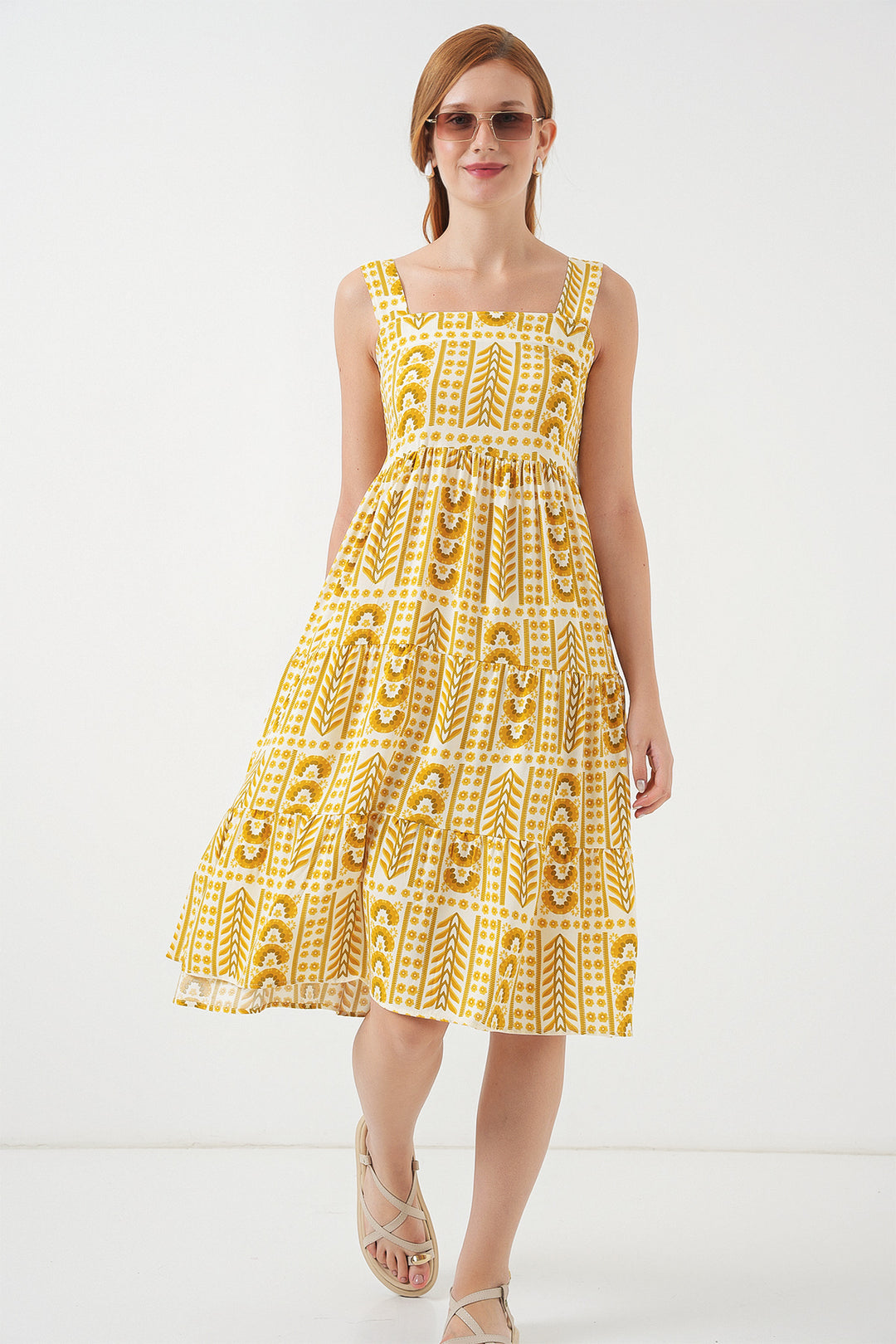 BGD Women Kadın Desenli Askılı Midi Elbise 2577 - Sarı - Sesimbra
