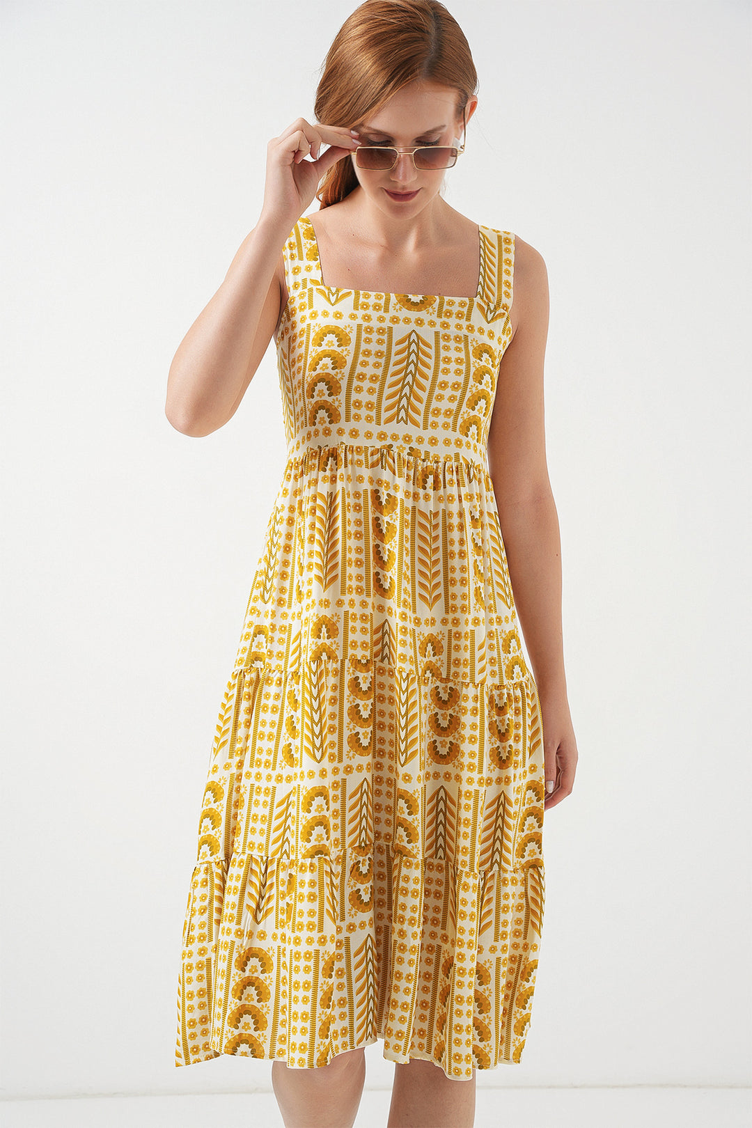 BGD Women Kadın Desenli Askılı Midi Elbise 2577 - Sarı - Sesimbra
