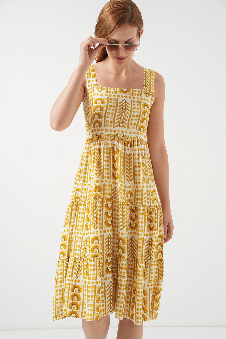 BGD Women Kadın Desenli Askılı Midi Elbise 2577 - Sarı - Sesimbra