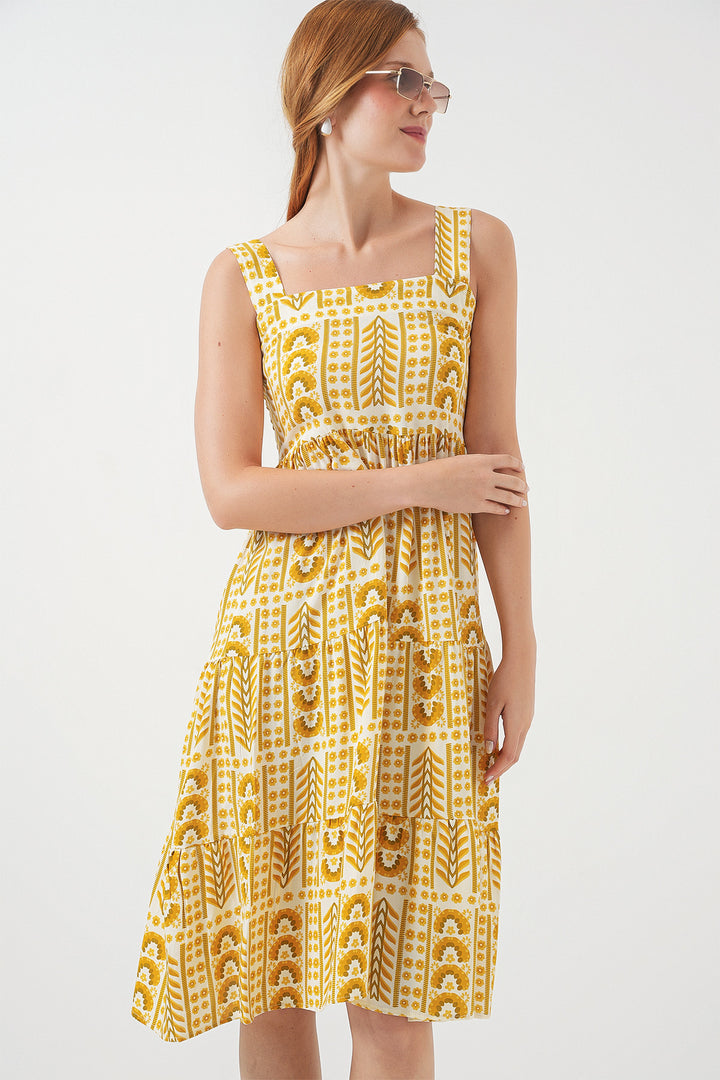 BGD Women Kadın Desenli Askılı Midi Elbise 2577 - Sarı - Sesimbra